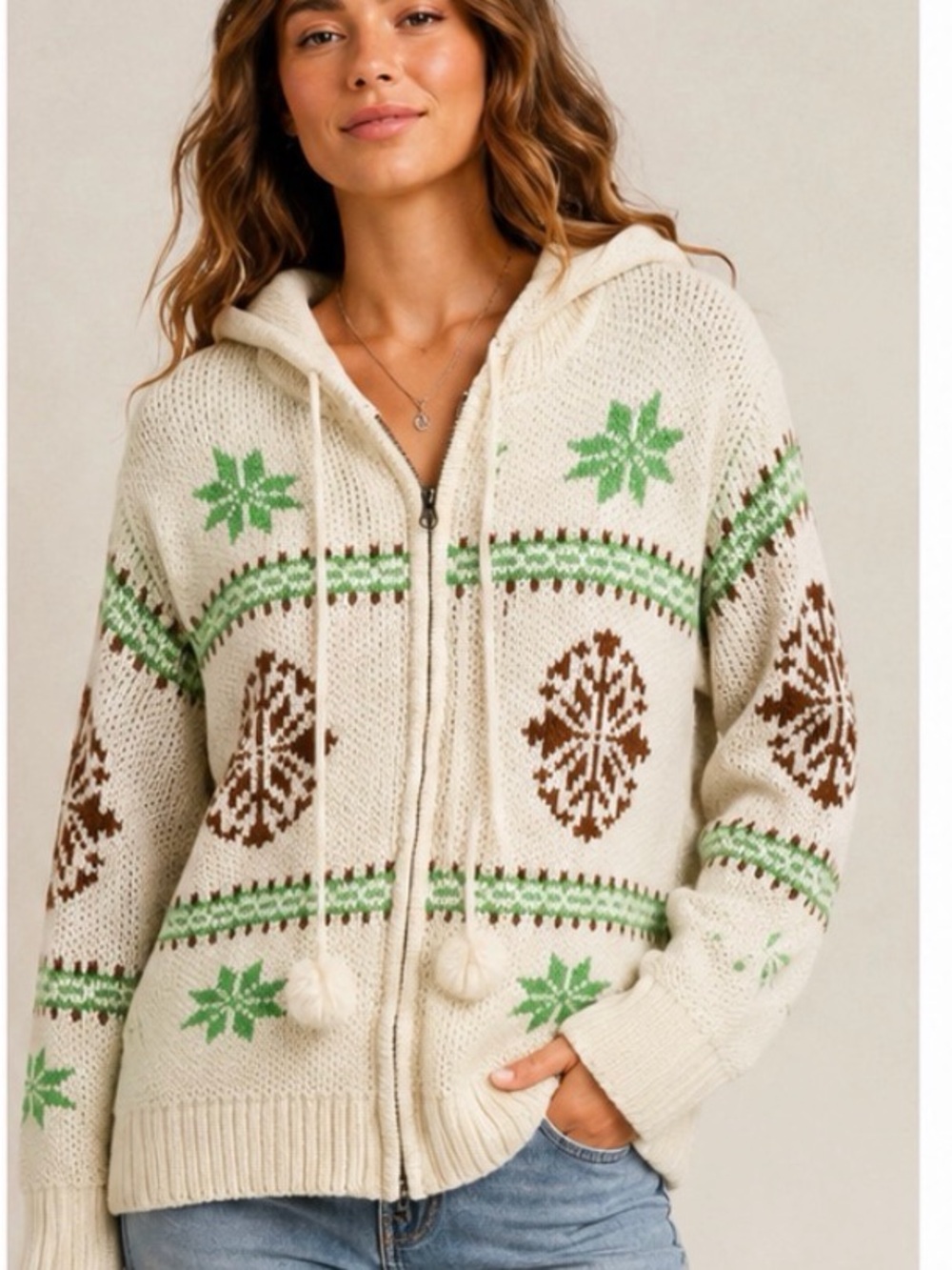 BDG Urban Outfitters Fair Isle Knit Zip Hoodie Sweater Pom Pom Size Small